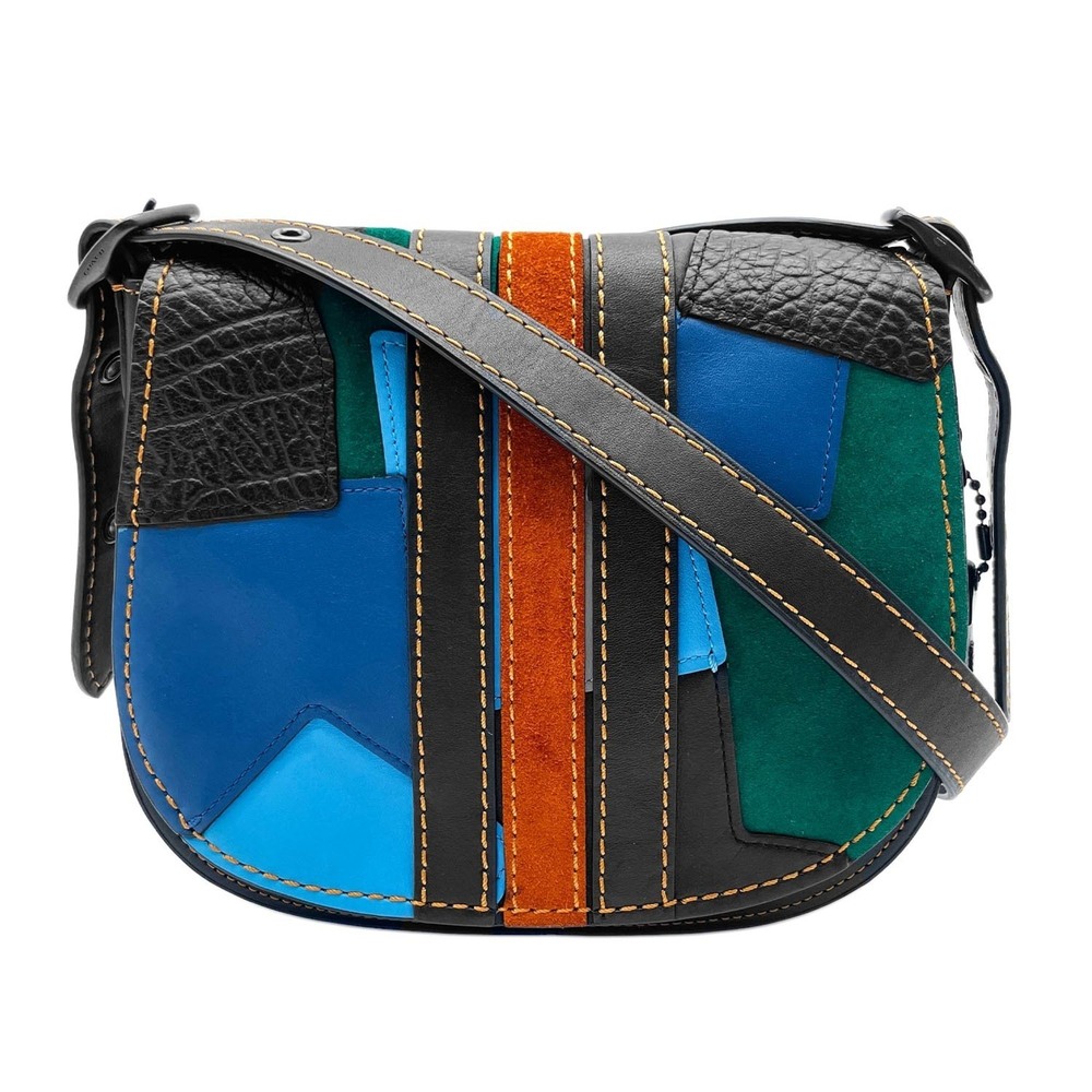 COACH Saddlebag Varsity Patchwork Shoulder Bag 20115 Glovetanned Leather Blac...
